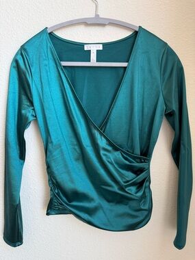 LEITH Teal Satin Wrap-Front Long Sleeve Top